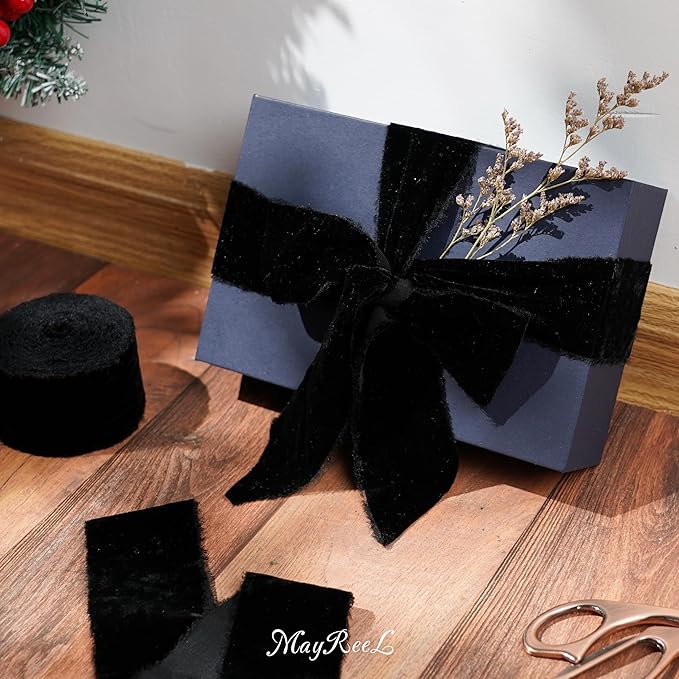 MAYREEL 2 Inch Black Velvet Ribbon Hand Torn Ribbon Silk Frayed Edge for Bridal Bouquets Invitations Wedding Vow Books Gift Baskets Hair Bows 3 Yards