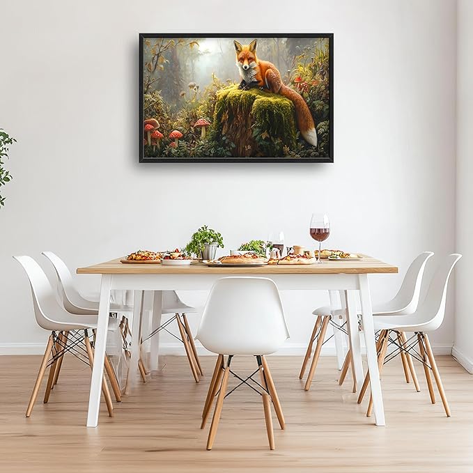 Forest Fox Large Wall Art Framed Rustic Wall Decor for Living Room Fox Mushroom Pictures Oversized Canvas Print Painting Modern Extra Large Framed Artwork for Bedroom Office 36"x24"
