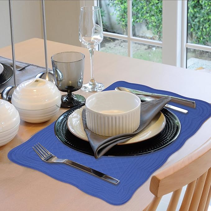 Quilted Placemats Set of 4 18"X13" Cotton Placemats Washable Cloth Table Mats for Kitchen Table (Dark Blue)