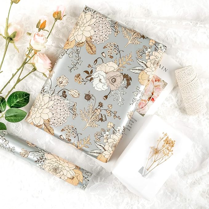 WRAPAHOLIC 30 Inch Floral Wrapping Paper - 30 Inch X 33 Feet - Pearlized Silver Vintage Floral Wedding Wrapping Paper for Birthday, Bridal Shower, Baby Shower