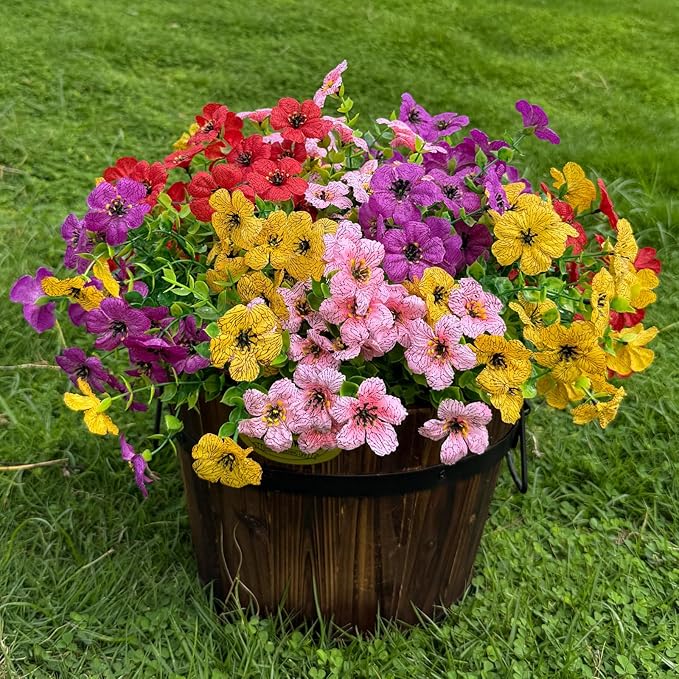 12 Bundles Artificial Flowers for Outdoor,No Fade UV Resistant Fake Flowers,4 Color Faux Plants for Outside Hanging Planters,Artificial Plants for Indoor Porch Garden Home Wedding Decor
