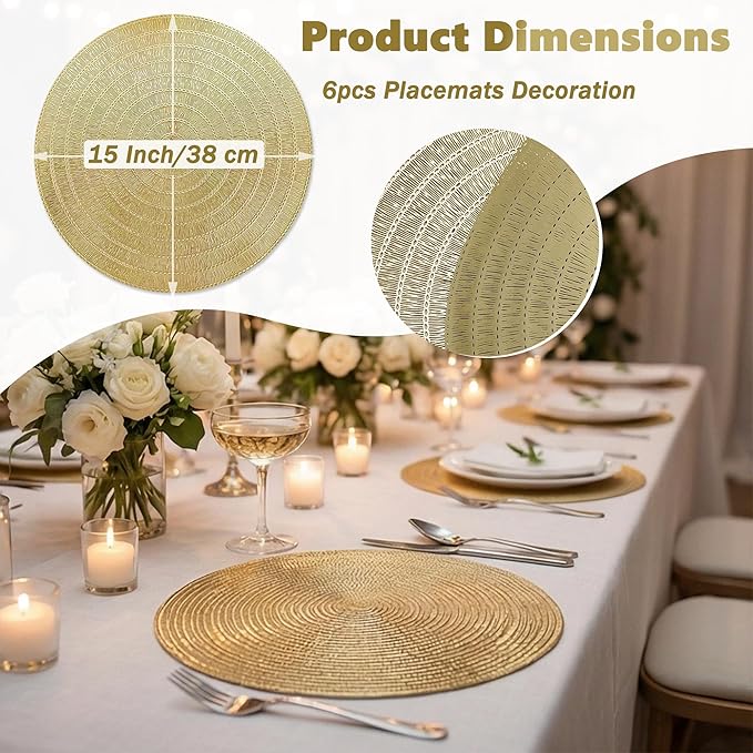 Gold Placemats Set of 6-15 Inch Round PVC Table Mats, Heat-Resistant & Waterproof Washable Place Mats for Dining Table, Elegant Metallic Decor for Holiday Dinner Party Decorations