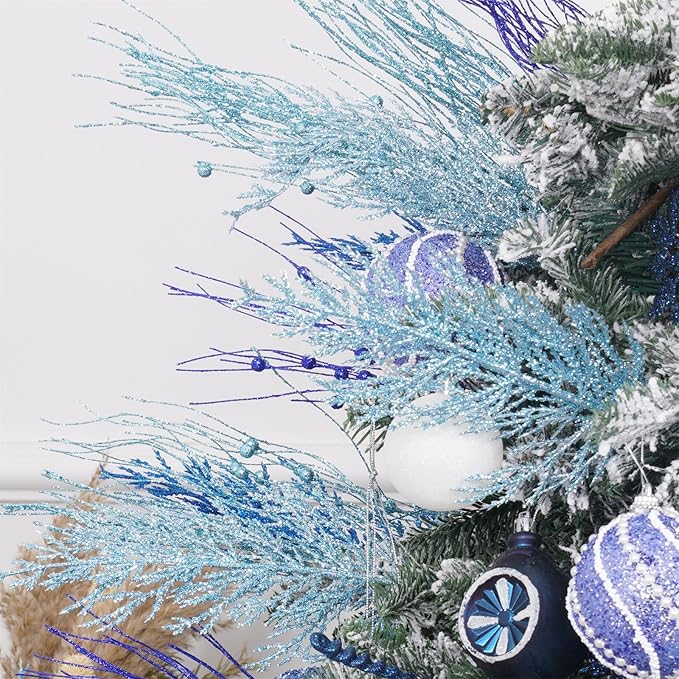 Christmas Glitter Stems 24pcs Artificial Pine Tree Picks for Christmas Tree Ornaments fillers, DIY Xmas Wreath, Crafts, Garland, Holiday, Party, Wedding and Home Decoration (Light Blue)