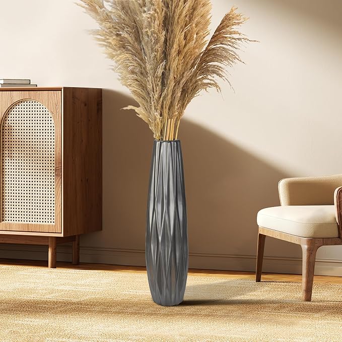 Silvery Ceramic Tall Floor Vase,17.7 Inch Large Modern Flower Vases for Home Décor,Wicker Big Floor Vases Decorations for Farmhouse, Living Room,Bedroom,Standing Plastic Vase Decorative Tall