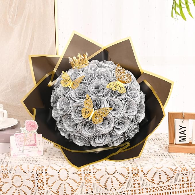 Waipfaru Glitter Roses Bouquet, DIY Fake Flowers Bouquet, Birthday Gifts for Women Mom, 36 Pcs Silver Rose for Grandma Wife Girlfriend Valentines, Mothers Day, Anniversary, Graduation