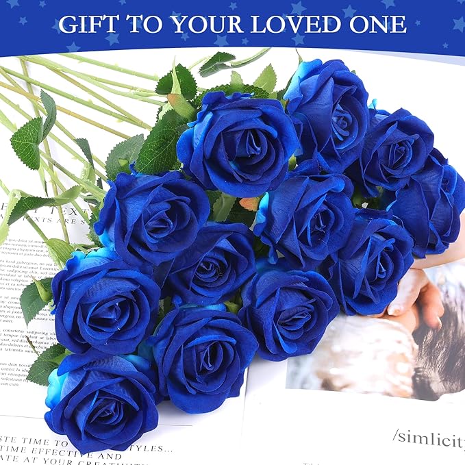 Hananona 50 Artificial Roses in Bulk, Fake Silk Roses Realistic Blue Roses for Wedding Centerpieces Flower Arrangement Home Decor (50, Blue)