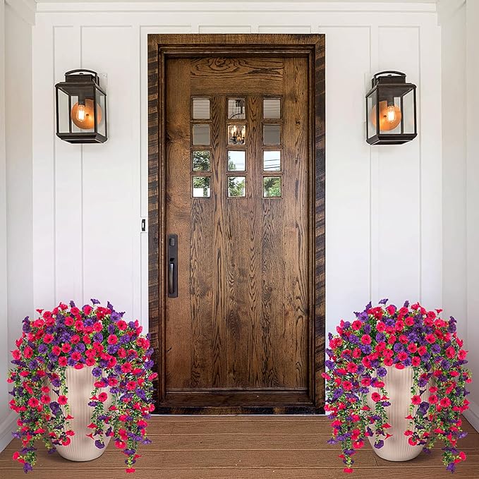 Artificial Hanging Flowers for Outdoor, 2pcs Fake Plants Long Vine Morning Glory Eucalyptus, Spring Summer UV Resistant Realistic Faux Greenery Indoor Outside Patio Porch Garden Decor, Rose Purple