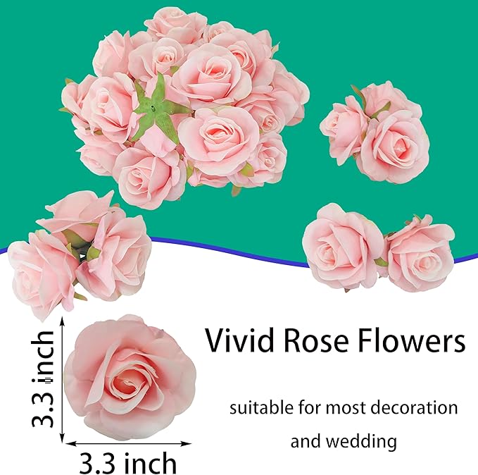 Artificial Satin Rose Flower Heads,42 Pcs Silk Rose Heads with Stems,3.5'' Rose Artificial Flowers Bulk,Artificial Rose Flower Heads for DIY Crafts Bouquet (42, Light Pink)