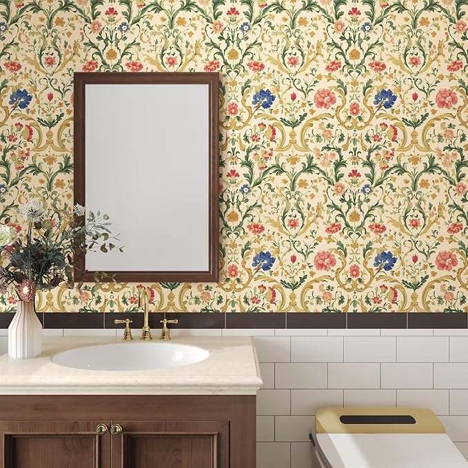 Yellow Floral Peel and Stick Wallpaper Boho Leaf Wallpaper Colorful Flower Contact Paper 17.5in x 32.8ft Removable Self Adhesive Vinyl Wall Mural Wall Paper for Cabinet Nursery Bedroom Stairs Kitchen