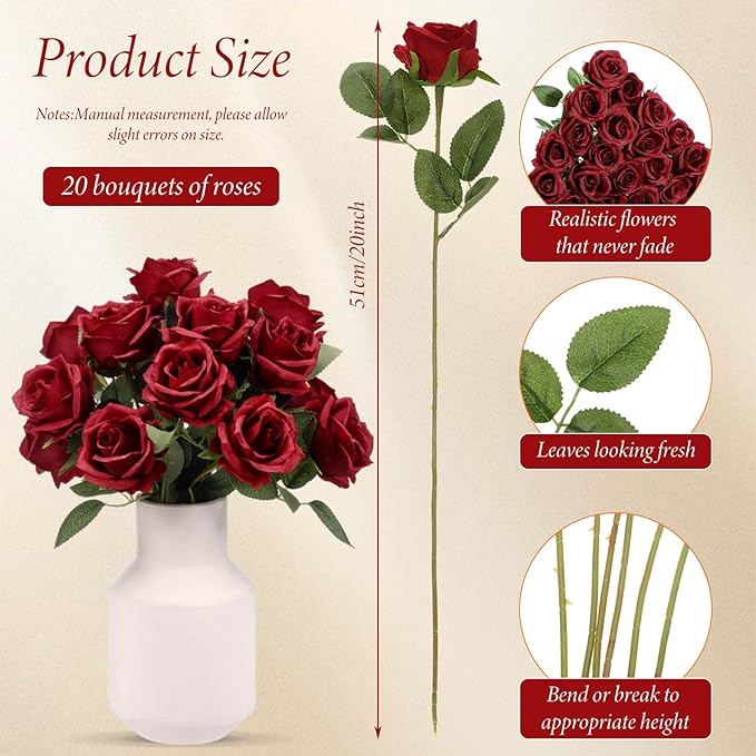 Hotop 20 Pcs Artificial Rose Flowers with Long Stem,Real Touch Silk Realistic Plastic Bouquet Roses Bulk for Home Decor Bridal Wedding Party Table Centerpieces Decorations(Wine Red)