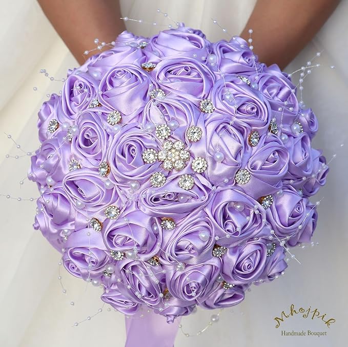 Bridal Wedding Bouquet Round Bling Brooch Bouquet Throw Toss Artificial Rose Flower Bunch for Bride Bridesmaid Wedding Quinceanera(Light Purple, 6.3")