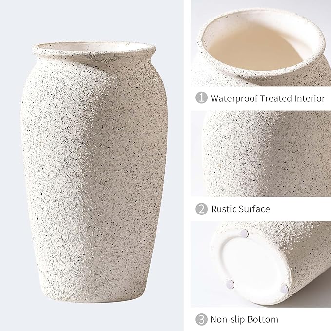 Rustic Farmhouse Flower Large Ceramic Vase, Vintage Pampas Grass Vase, White Modern Decorative Ceramic Flower Vase for Home Decor, Table, Living Room Decoration, Shelf Decor, Mantel, 9.8 Inch
