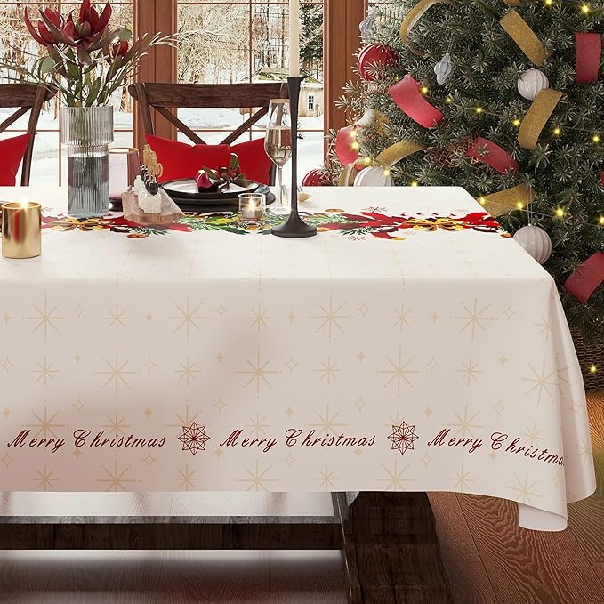 Christmas Rectangle Table Cloth,100% Waterproof Tablecloth,Christmas Decorations for Home, Vinyl Tablecloth Plastic Table Cover for Party，Picnic,Dining,Outdoor 54" x 84",Frosted Wreath