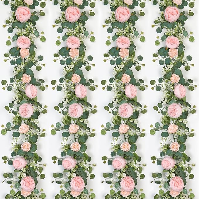 SOMYTING Artificial Flower Garlands Eucalyptus Garlands with Flowers Rose Peony Flower Vine Faux Floral Garland for Wedding Party Arch Table Wall Backdrop Decoration (Light Pink, 4PCS)