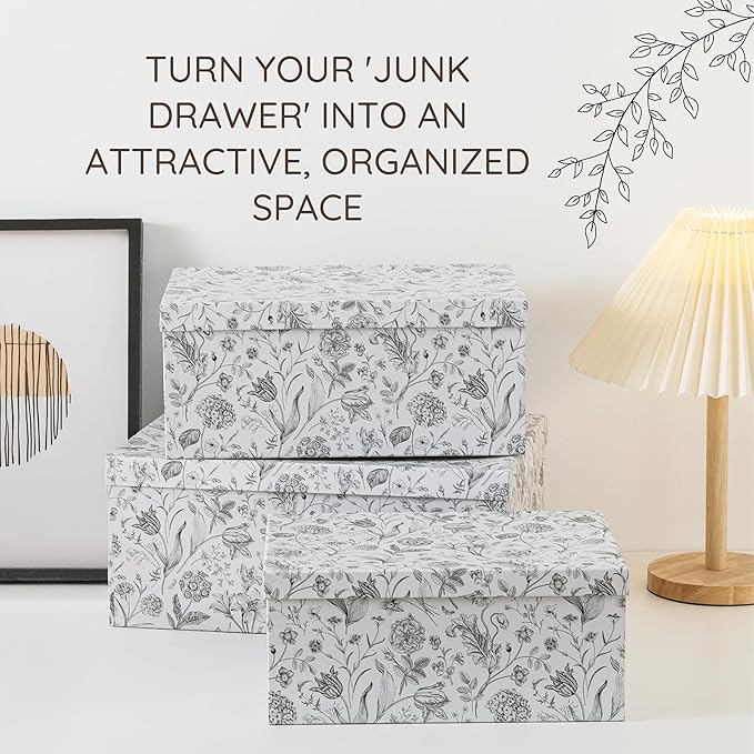 Soul & Lane Decorative Cardboard Storage Boxes For Home Décor - Modern Meadow - Set of 3: Floral Paperboard Nesting Storage With Lids, Memory Boxes For Keepsakes And Photos, Gift Set For Presents