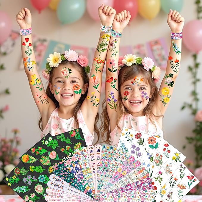 96 PCS Floral Flower Party Favors Set – 72 Pre-Cut Temporary Tattoos & 24 Slap Bracelets for Kids, Perfect for Spring Birthday Parties, Flower Festivals & Classroom Rewards