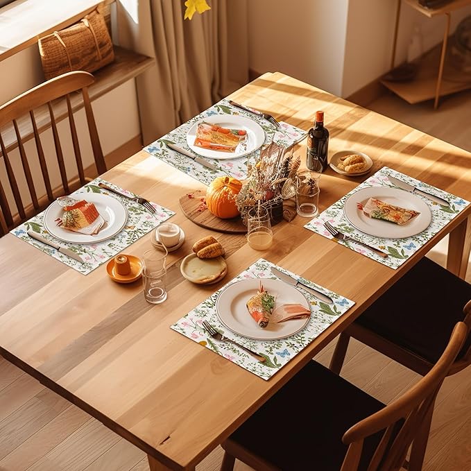Vintage Herbs Flowers Placemats Set of 4, Garden Place Mats Heat Resistant Washable Non-Slip Table Mats for Party Kitchen Dining Decor 12x18 Inch
