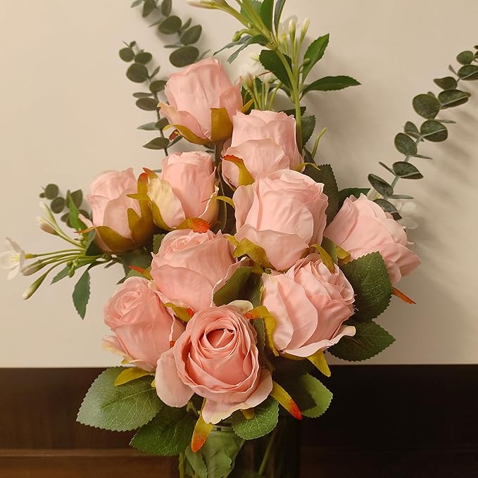 Artificial Roses 10 Pcs - Lifelike Single Stem Fake Roses with Natural Petal Texture,Fade-Resistant Silk Flowers for Wedding Decor,Home Vase Arrangements,Party Centerpieces(10, Light Pink)