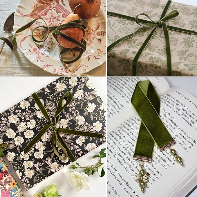 Olive Green Velvet Ribbon 3/8 Inches x 5 Yards for Gift Wrapping, Crafts, Christmas Tree, Wreath, Bow Making, Vintage Fabric DIY on The Spool
