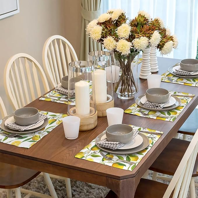 Lemon Table Placemats Set of 6 Summers Fruits Linen Placemats for Indoor Outdoor Party Home Desktop Kitchen Dining Room Decor 12x18 Inch