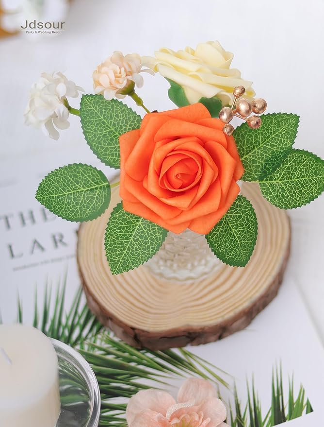 50pcs Artificial Flower，Real Touch Foam Roses w/Stem DIY for Wedding Bouquet Centerpieces Party Shower Home Decor-Yellow Orange