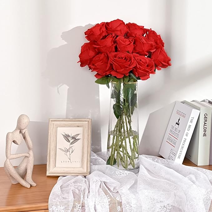 Waipfaru 12 Pcs Artificial Flowers Fake Silk Roses, Faux Real Touch Roses Bouquet with Long Stem for Wedding Party Home Decor (Red)