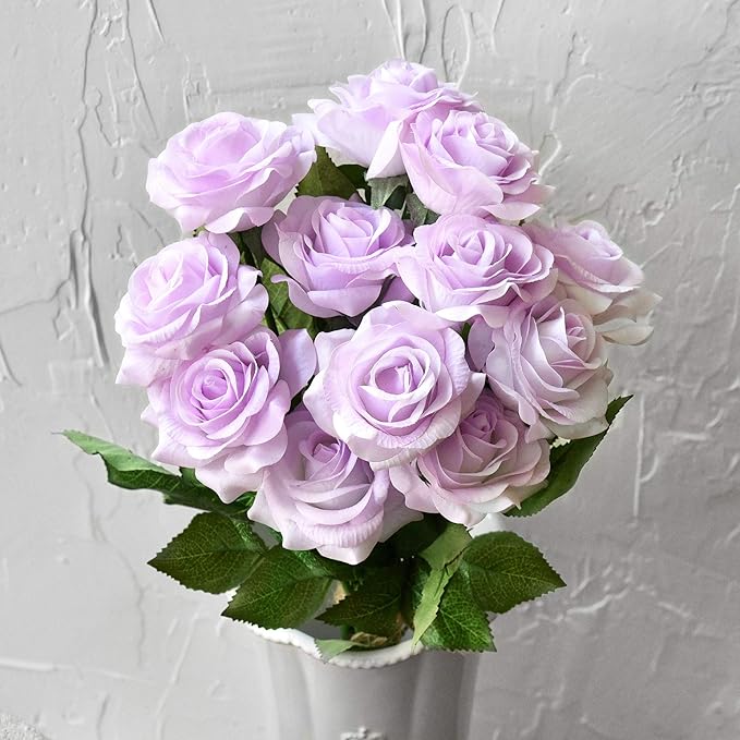 FiveSeasonStuff Real Touch Roses Artificial Flowers, Wedding Silk Flowers Bouquet & Floral Arrangement 12 Stems (Pale Lavender)