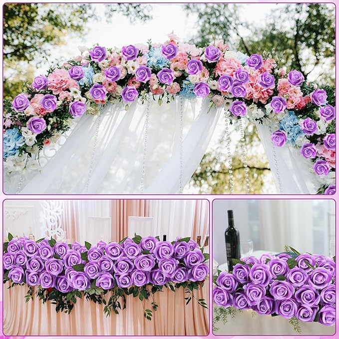 150 Pcs Roses Artificial Flowers, Silk Purple Artificial Flowers Petals Long Stem Roses for Wedding Bouquet Home Party Decor