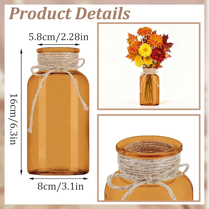 Vintage Glass Flower Vase，3 Pack Farmhouse Amber Glass Centerpiece Vases Mason Jars for Weddings, Parties & Home Decor Bulk (3, Amber)