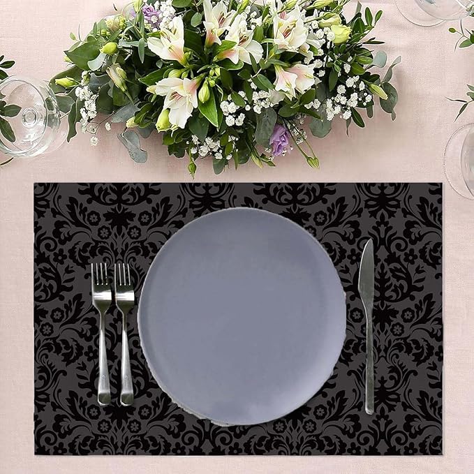 Placemats Set of 4 Vintage Black Damask Floral Dining Place Mats Linen Table Mat for Farmhouse Home Kitchen Decor 12 X 18 Inch