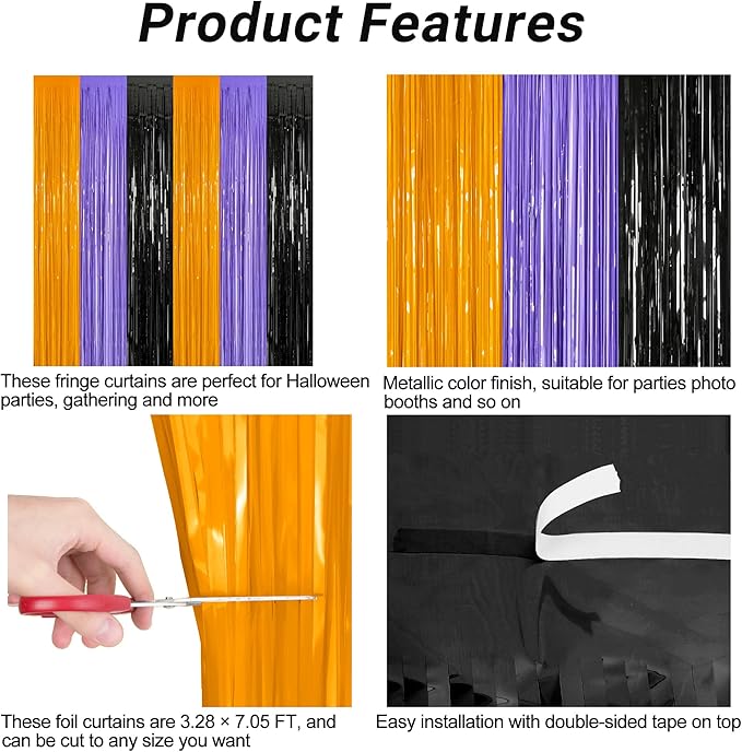 8 Pack Halloween Decorations Indoor, 3.28 FT x 7.05 FT Party Streamer, Orange Purple Black Streamer Backdrop Fringe Curtains Foil Tinsel, Halloween Party Supplies Hanging Halloween Decor