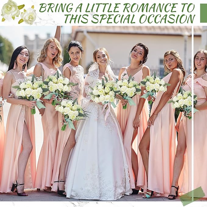 Zeyune 12 Pack Wedding Bridesmaids Bouquets 7 Inch Artificial Rose Bouquets Silk Flowers with Stems Fake Floral Bundles Bulk for Wedding Bridal Shower Party Centerpieces Home Decor(White Green)