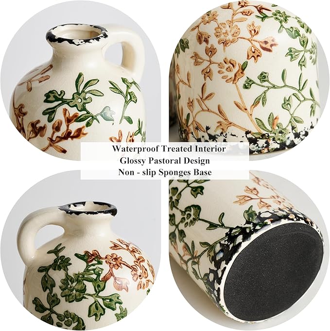 Ceramic Vase Set of 3, Vintage Green and Beige Vase, Chinoiserie Floral Vases, Rustic Farmhouse Ceramic Vases for Home Decor, Living Room, Kitchen Island, Bookshelf, Grand Millennial Decor