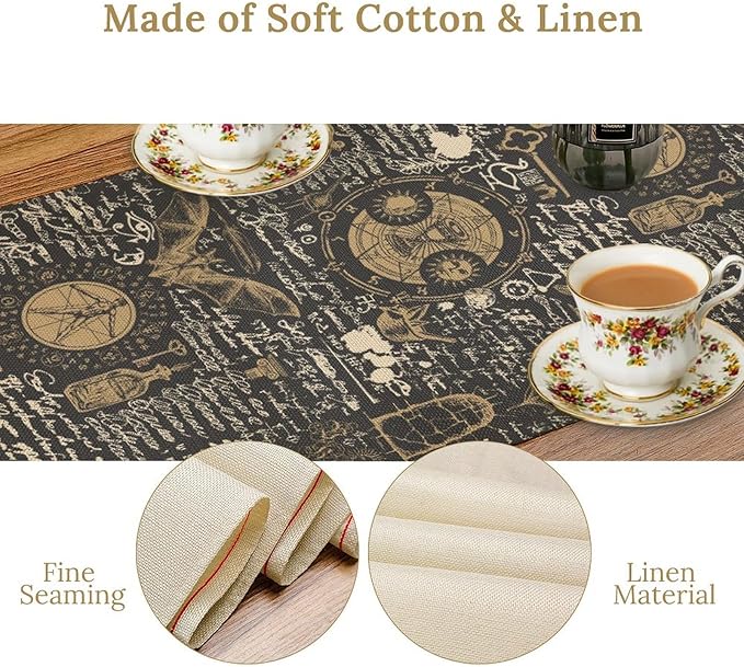 Gothic Table Runner,Black Gold Vintage Theme Print Table Runner for Home Kitchen Table Dining Garden Farmhouse Wedding Party Decor 13x90 Inch
