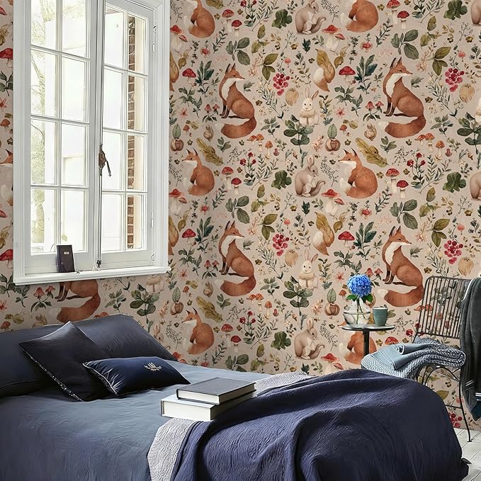 Animal Peel and Stick Contact Paper Moody Fox Rabbit Mushroom Botanical Leaf Removable Wallpaper 17.7" x 118.11" Wall Paper Watercolor Self Adhesive for classroom Bedroom laundry room bathroom