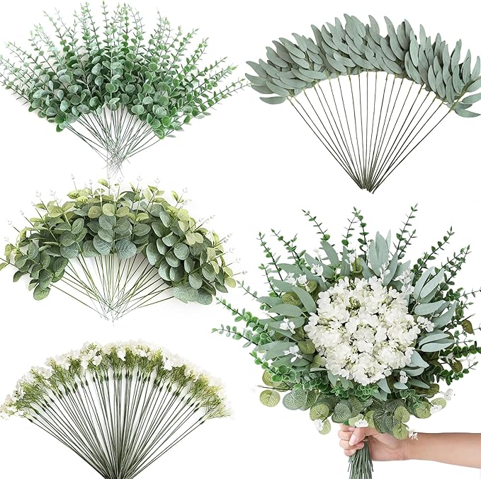 160Pcs Mixed Artificial Eucalyptus Stems and White Faux Flowers, Big Babys Breath and Eucalyptus Leaves Stems Bulk for DIY Wedding Bouquet Home Decor Floral Arrangement (Green 160Pcs)