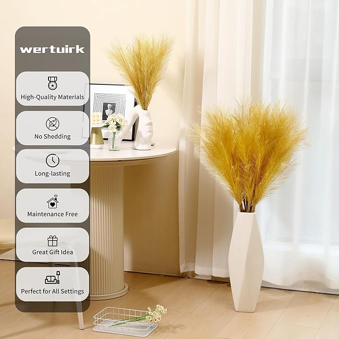 9 Stems Gold Pampas Grass - 38 Inch Tall Faux Pompous Grass Decor, Large Artificial Pompas Floral for Wedding Flower Arrangement,Great Gatsby Party Decorationsa and Home Decor (Gold)