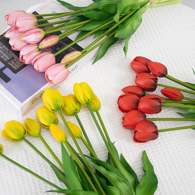 10 Pack Real Touch Tulips Artificial Flowers, 15.7 Inch Bendable Latex Tulips - No Maintenance Faux Flowers for Vase, Home Decor, Wedding Centerpiece (Red)