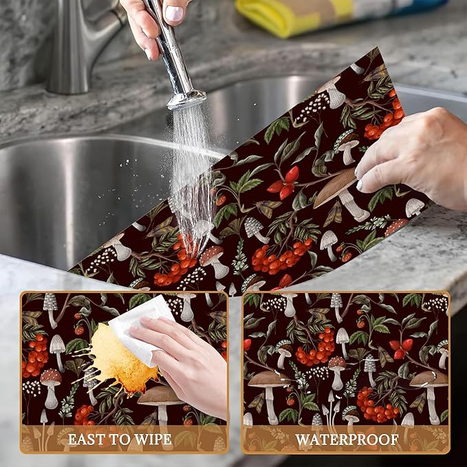 Mushrooms Berries and Plants Placemats Set of 6 Washable Table Mats for Kitchen Dining Table,Heat-Resistant Botanical Place Mats for Indoor Outdoor Party Holiday Decoration