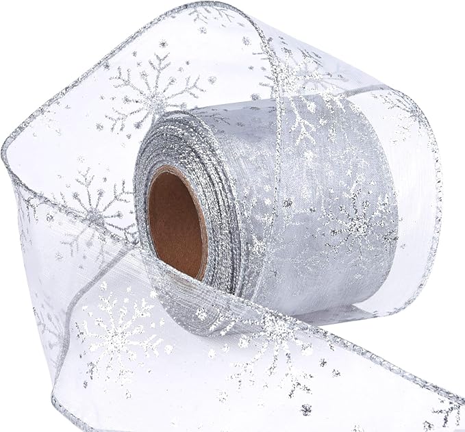 2.5 Inch Wide Christmas Wired Ribbon Snowflake Organza Sheer Glitter Ribbon for Xmas Tree, Wreath, Party Decoration, Gift Wrapping (Silver, 32.7 Foot (Pack of 1))