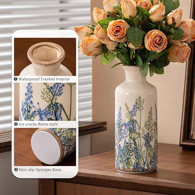 Ceramic Vase Set of 3, Vintage Blue Floral Beige Vases, Rustic Chinoiserie Decorative Vases for Wedding Decor, Wedding Gifts, Farmhouse Floral Vase for Home Decor, Living Room, Kitchen, Shelf Decor
