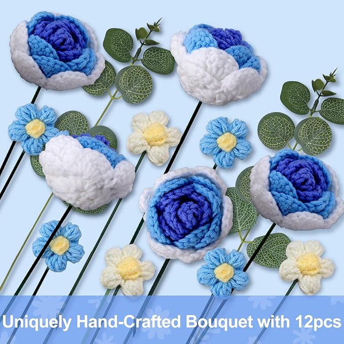 Foyucool Crochet Flowers Bouquet, Handmade Knitted Rosy Blue Bouquet with Gift Bag for Home Deocor, Crocheted Finished Flower for Wedding, Mother's Day, Teachers' Day and Valentine's Day, Blue White