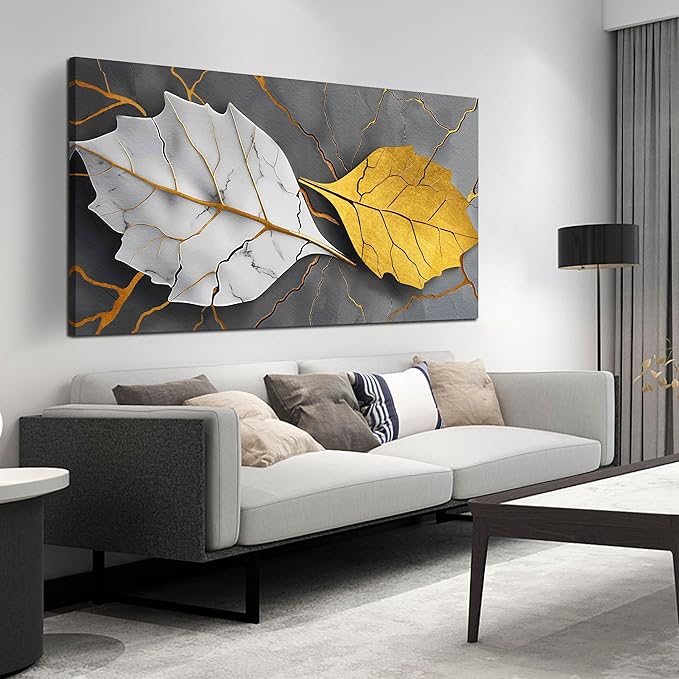 Large Canvas Wall Art for Living Room Bedroom Office Gold and White Leaves Picture Modern Canvas Prints Grey Abstract Framed Wall Decor Size 29x59