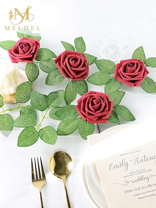 Meldel Artificial Flower 25pcs Real Looking Red Fake Foam Roses with Stems for DIY Wedding Bouquets Gifts Bridal Shower Faux Floral Centerpieces Arrangements Home Party Tables Decorations