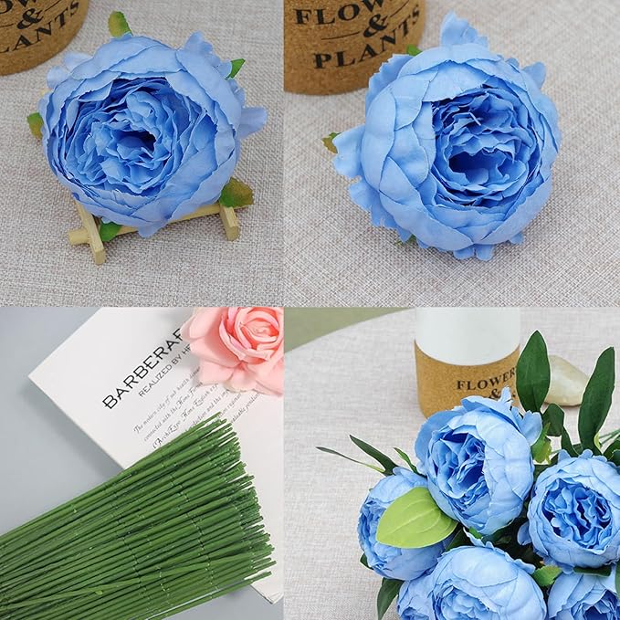 FagusHome 25 Pcs Silk Peony Artificial Flower Heads 4 inch Fake Peony Flowers Heads with Stems Artificial Peony Flower Heads in Bulk Wholesale for Wedding Home Decor (Light Blue)