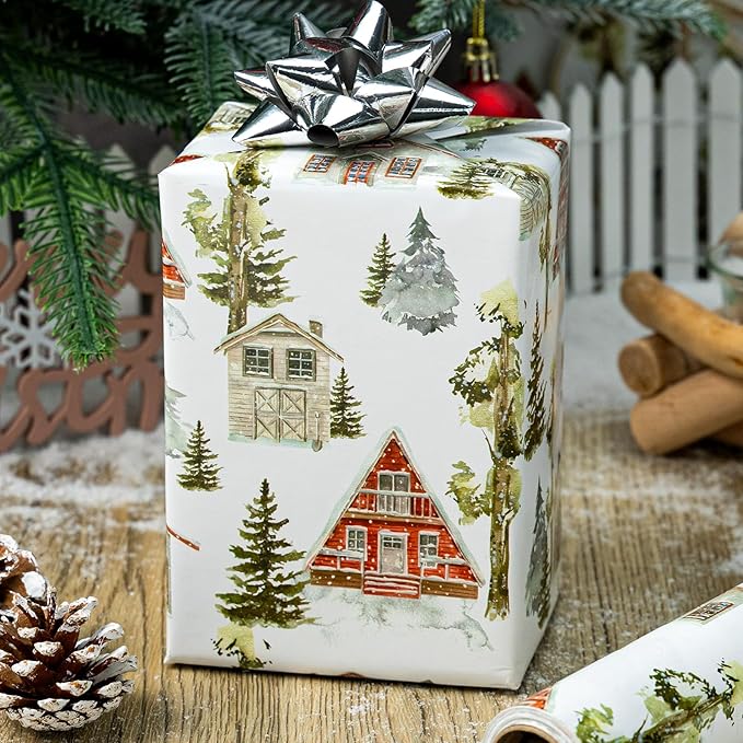 MAYPLUSS Christmas Wrapping Paper Roll - 17 In x 33 Feet - Cute Watercolor Christmas Tree Log Cabin Gift Wrap Paper for New Year, Holiday, Kids