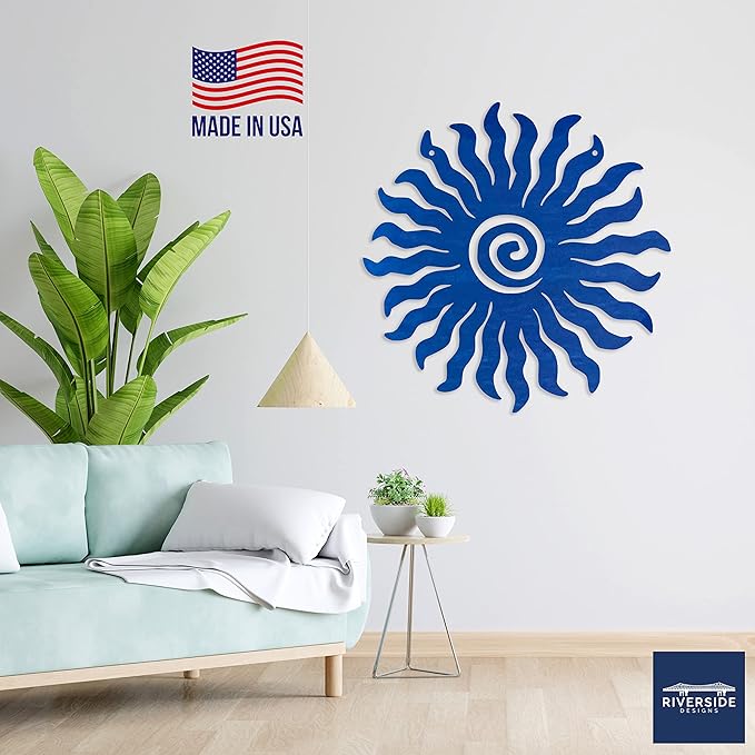 Riverside Designs Sunburst Metal Wall Art Steel Outdoor Decor - Heavy-Duty and Waterproof - Made in USA (24", Blue)