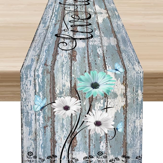 Daisy Floral Table Runner, Rustic Seasonal Spring Wild Flower Rustic Blue Wood Farmhouse Table Center Decor for Family Kitchen Farmhouse Holiday Party Table Decorations Indoor Outdoor 13x36 inch