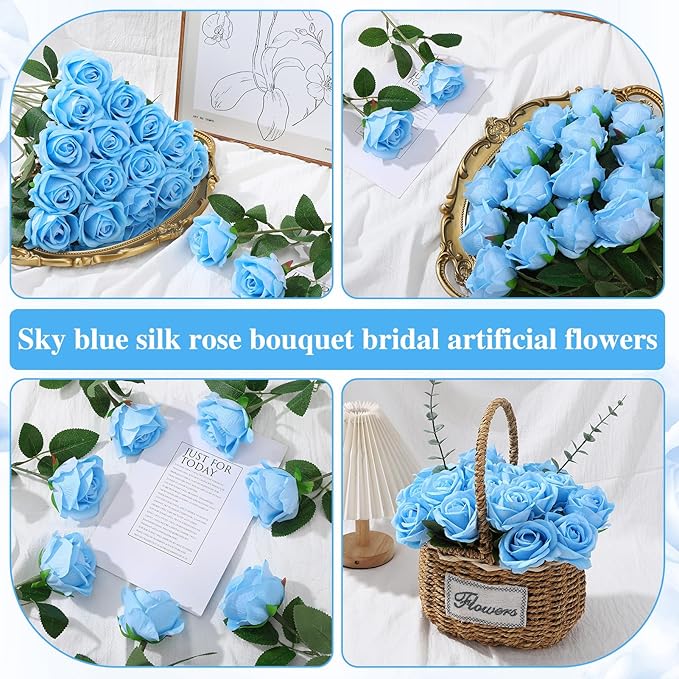 80 Pcs Roses Artificial Flowers, Silk Sky Blue Artificial Flowers Petals Long Stem Roses for Wedding Bouquet Home Party Decor