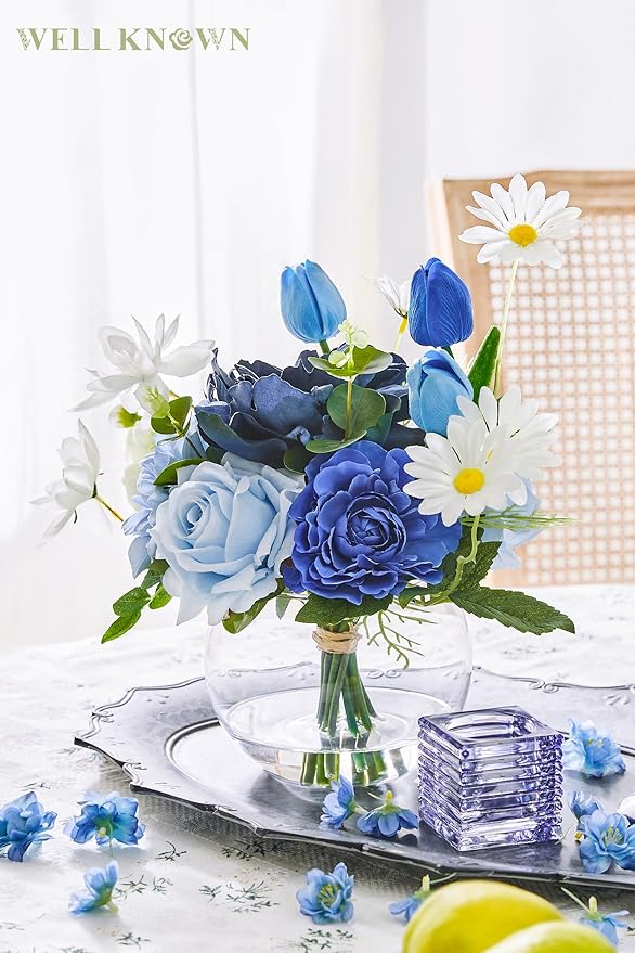 WELL KNOWN Artificial Flowers with Vase Silk Flower Arrangements in Round Bowl Vase with Faux Water for Home Table Decoration (Mixed Blue)
